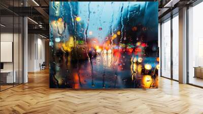 Rain drops on window with road light bokeh, City life in night in rainy season abstract background Wall mural