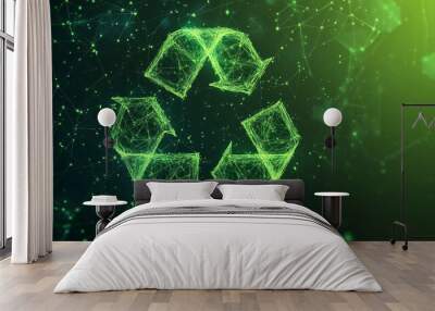 recycle sign icon in light green futuristic monochrome style on technological background.  Wall mural