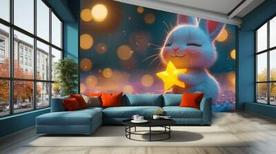 The cute white rabbit is holding a yellow star, with a background of pink and blue gradient. Wall mural