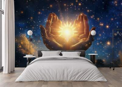 The sun in hands and a wreath of stars in the sky,  Wall mural