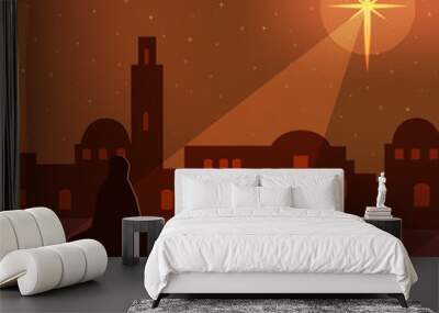 Mary, Joseph and donkey silhouettes on the way to Bethlehem, with a large bright star shining in a orange, golden illuminated night sky, vector illustration. Wall mural