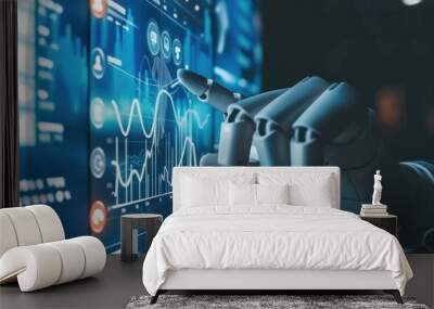 A robotic hand finger pointing at digital data charts, illustrating the integration of AI technology in a business intelligence system for marketing strategy planning. Technology concept photo. Wall mural