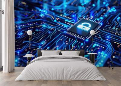 Cybersecurity concept with a blue circuit board and lock symbol on a dark background. Data protection banner with illustration of digital connections and glowing dots. Wall mural