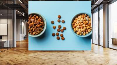 Dry Pet Food Set, Cat Diet, Puppy Food Brown Pieces, Dog Meal in Bowls, Pet Dinner Crackers Wall mural