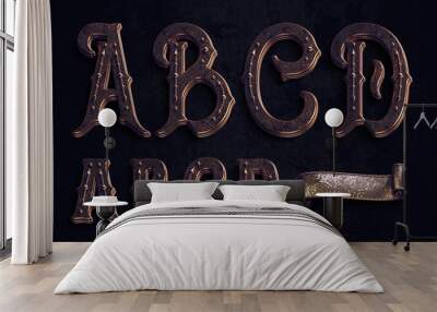 3d render of vintage textured font set with bronze metallic elements. Wall mural