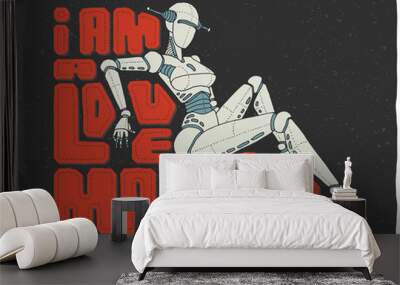 Beautiful female robot cyborg illustration with text slogan 