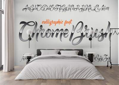 Chrome Brush calligraphic font with glossy metall effect Wall mural