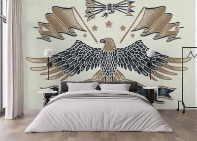 Graphic illustrations set in American style. Grunge texture hand drawn images of bald eagle spreading his wings, flag, ribbon, arrows and laurel branch Wall mural