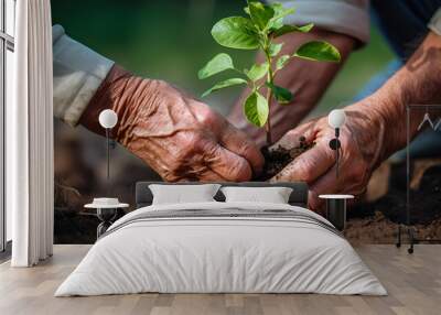 A young plant with green leaves is planted in the ground. The hands of two people compact the earth around him. Concept of ecology and new life Wall mural