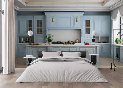 Modern kitchen interior design in pastel blue colors Wall mural