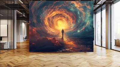 a man standing in the center of an endless tunnel made out light and clouds, light at end of tunnel in fantasy world, surrealistic style Wall mural