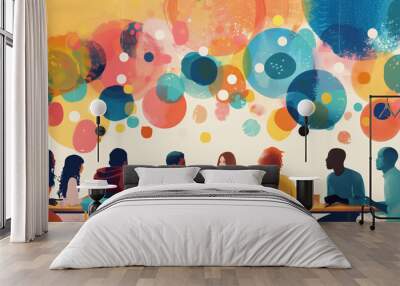 Creative Team engaged in conversation with abstract bubbles floating above them representing ideas being shared. Wall mural