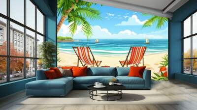 summer clipart illustration , vibrant coastline landscape Wall mural