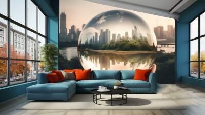 Skyline of a city through a glass orb in hand, Generative AI Wall mural