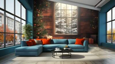 Cozy cabin interior with Christmas tree, wreaths, and gifts by a window overlooking snowy trees. Warm holiday atmosphere for Christmas celebration design and print Wall mural