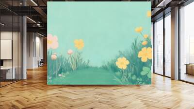 Hand-drawn yellow and pink flowers in a meadow on a green background. Spring nature illustration with copy space. Design for greeting card, poster, and invitation Wall mural