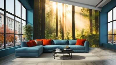 Sunbeams streaming through tall trees in a foggy forest. Atmospheric forest scene with light rays. Nature and landscape concept Wall mural