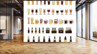 Beer color icons set, glasses and bottles. Vector Wall mural