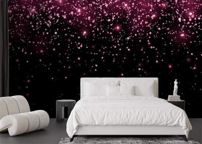 Hot pink glitter holiday confetti with glow lights on black background. Vector Wall mural