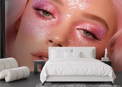 A beautiful y2kwoman with a fashionable pink makeup with glitter and confetti, celebrates the new year in style, capturing the joy of festive season with her striking pink hair and glamorous cosmetics Wall mural