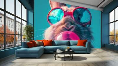 A cool looking rabbit enjoying a bubble gum with stylish sunglasses on a teal background Wall mural