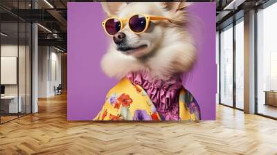 A curious chihuahua , anthropomorphic animal dog wearing a purple shirt and stylish sunglasses stares confidently, its pet-like demeanor radiating a wild, carefree spirit Wall mural