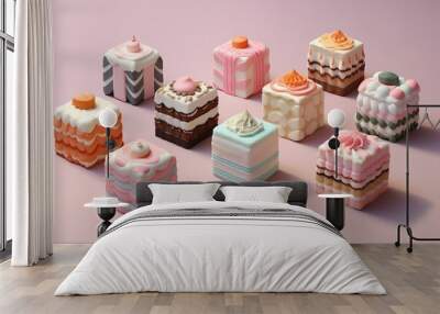 A delicious display food cake pattern of pastel-hued cakes, intricately decorated with isometric patterns and topped with sweet icing, invites viewers to indulge in the joyful sweetness of dessert Wall mural