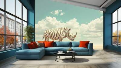 A digitally altered rhinoceros with zebra stripes stands in a vast desert under a blue sky with fluffy clouds Wall mural