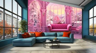 A fantastical pink christmas setting with a snowy view and an elegant vintage couch Wall mural