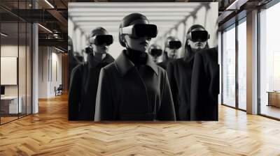 A group of fashion-forward women stand confidently in a futuristic monochrome street, wearing stylish virtual reality goggles and embracing the cutting-edge technology of the world Wall mural