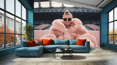 A luxurious woman stands confidently in a stadium, adorned in a fashionable fur coat and stylish sunglasses, embodying the power of fashion and the strength of the modern woman Wall mural