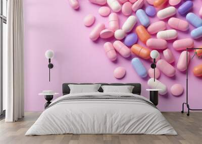 A myriad of rainbow-hued capsules lay scattered across a soft pink surface, inviting viewers to explore the hidden potential of this intriguing array of medicines and analgesics Wall mural