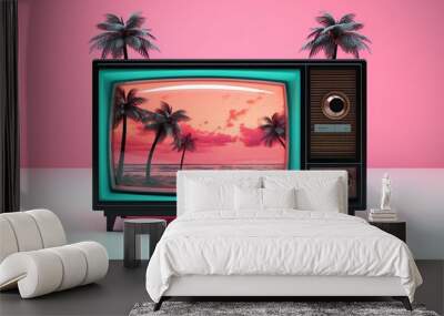 A stunning image of a vibrant television displaying a sunny sky with majestic palm trees adorning the walls of an indoor paradise Wall mural