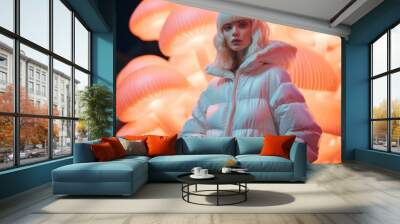 A stunning woman bundled in a puffy coat stands out against the winter landscape, her portrait glowing with the neon light of a mushroom, her clothing a statement of bold style and warmth Wall mural