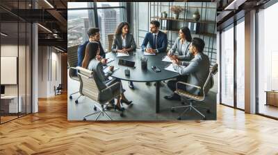 A team of focused professionals engaging in a serious discussion during a meeting in a high-rise office setting Wall mural