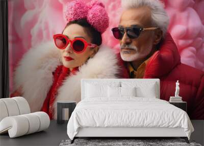 An eccentric older couple dons funky winter fashion, complete with goggles and fur, as they confidently sport red and pink sunglasses indoors, their smiles shining through the eyewear, age is a numbe Wall mural