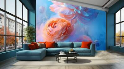 Beautiful peach-colored flowers surrounded by a delicate blue mist Wall mural