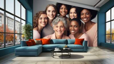 Beauty and unity, a diversety group of beautiful women of all skin tones and races together posing in the skin care ad campaign. A multiracial group of women, inclusivity face body positivity Wall mural