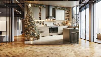 Bright and airy kitchen space with a tall christmas tree and view of snowy landscape outside Wall mural