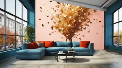 Celebration concept with champagne bottle and gold glitter explosion on a pink background Wall mural