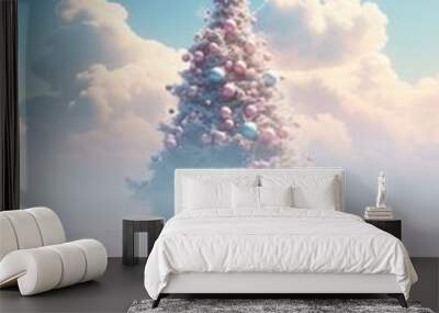 Fluffy christmas tree with decorations posing on the top of the water lake river or sea, in dreamy surreal landscape setup with clouds and sky. New year 2024 happy text copy space or greeting card. Wall mural