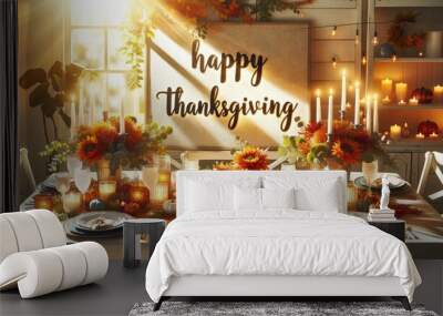 Happy Thanksgiving greeting card. Turkeys, cornucopias, cranberries, corn, pumpkins and beans. Copy space layout for text with the holiday theme. Traditional meal, family gathering illustration. Wall mural