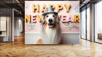 In the year 2024, a jubilant canine dons a festive hat, proudly displaying a message of joy and new beginnings through its clever use of text Wall mural