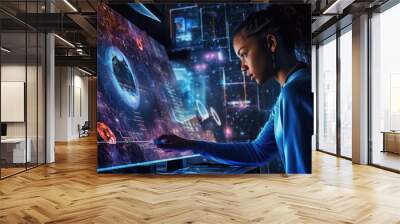 Modern woman lives in technology: using a computer in her stylish clothing while being an indoor deejay Wall mural