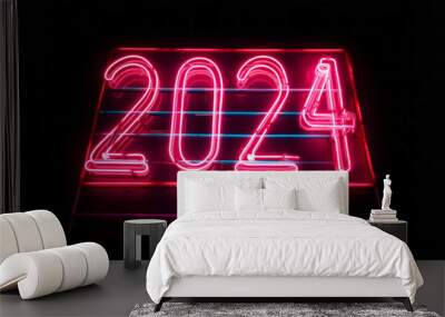 Number 2024, a flickering red neon sign illuminates a vibrant blue wall, happy new year future is coming. Text copy space layout for greeting card or nice wishes. Wall mural