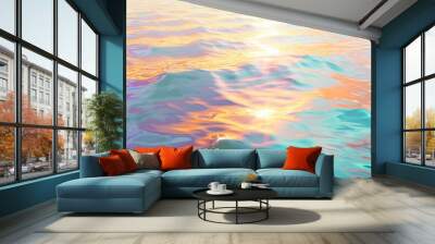 Soft golden light of sunset delicately reflecting on colorful wavy water surface Wall mural