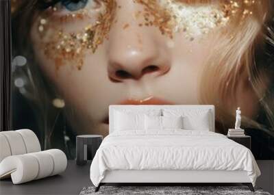 This beautiful portrait captures a woman with a glamorous makeover, featuring gold glitter, bright lipstick, and long eyelashes, radiating an aura confidence celebration perfect for special occasion Wall mural