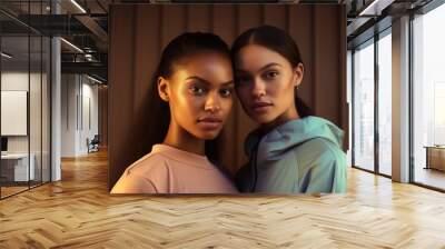 Two beautiful, strong women proudly pose in stylish sportswear for a stunning indoor portrait, radiating confidence and poise with their striking eyes, glossy lips, and glowing skin Wall mural