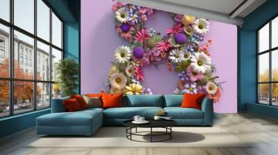 Vibrant collection of various flowers forming the number eight on a soft purple backdrop, ideal for invitations Wall mural