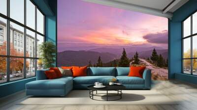 Sunset in the hills with the valley below. Dramatic clouds at dusk. Wall mural